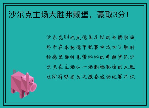 沙尔克主场大胜弗赖堡，豪取3分！
